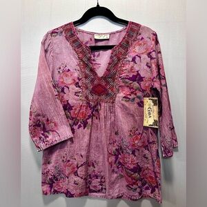 Vintage Goa Pink Embroidered Floral Gauzy Pullover Tunic Boho Peasant Size S